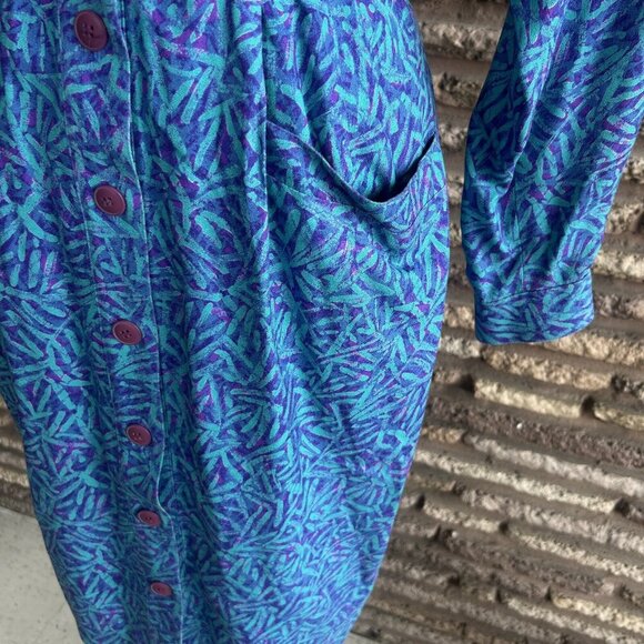 St. Gillian Vintage 80s Blue Purple Print 100% Silk Military Shirt Dress Size 6 - Picture 8 of 10